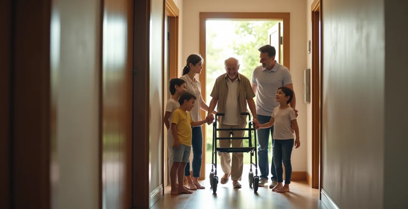 Une famille multigénérationnelle souriante réunie dans une maison grâce à un ascenseur, des petits-enfants aidant un grand-parent à monter.