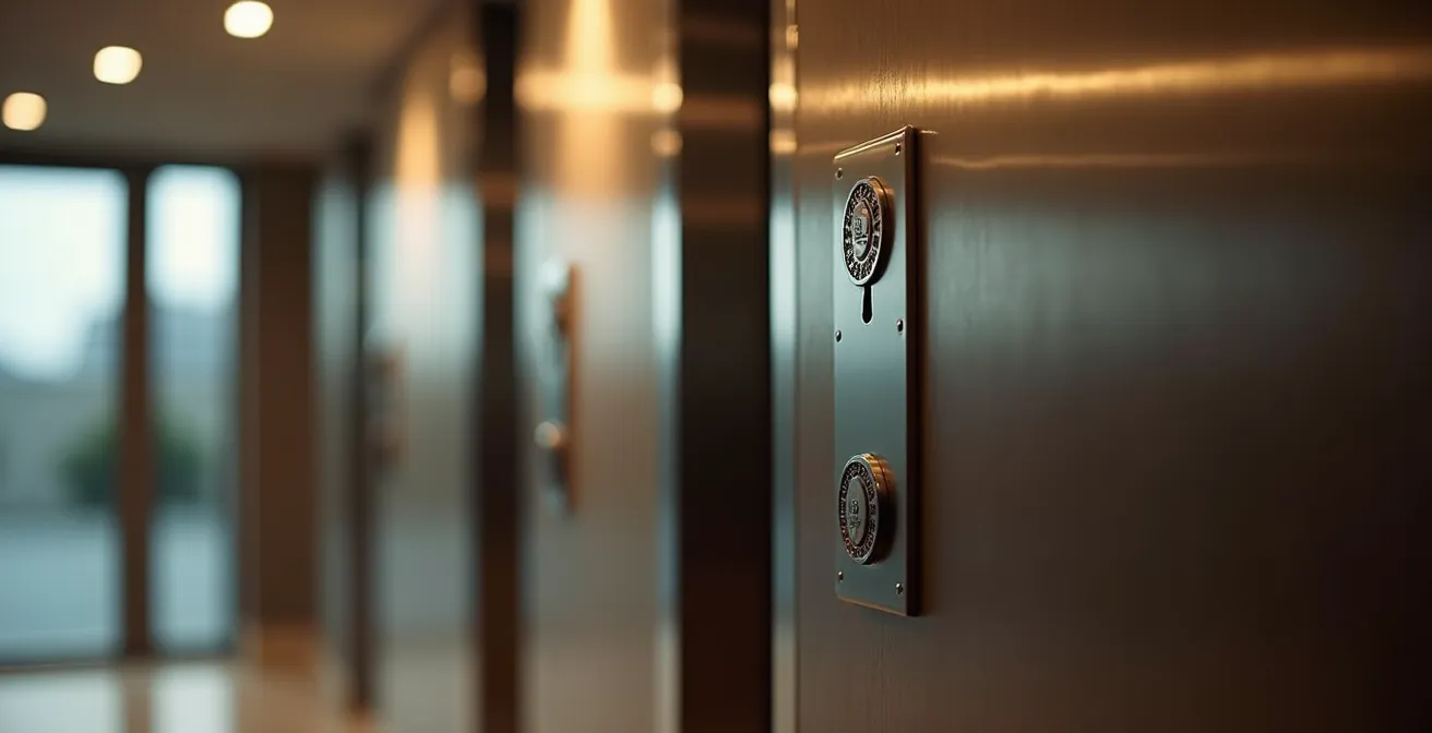 Détail d’un ascenseur moderne intégré dans un intérieur élégant, parois vitrées ou finition premium, sans aucun texte visible.