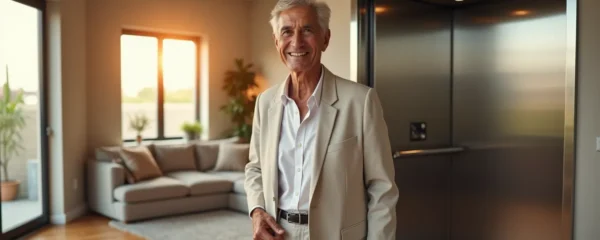Un senior souriant, debout devant la porte ouverte d'un ascenseur dans une maison moderne et lumineuse, prêt à rejoindre un étage supérieur en toute confiance.