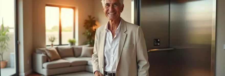 Un senior souriant, debout devant la porte ouverte d'un ascenseur dans une maison moderne et lumineuse, prêt à rejoindre un étage supérieur en toute confiance.