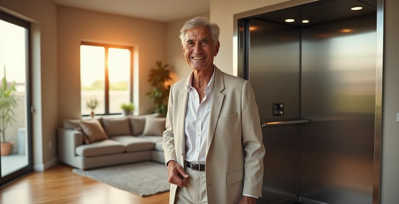 Un senior souriant, debout devant la porte ouverte d'un ascenseur dans une maison moderne et lumineuse, prêt à rejoindre un étage supérieur en toute confiance.