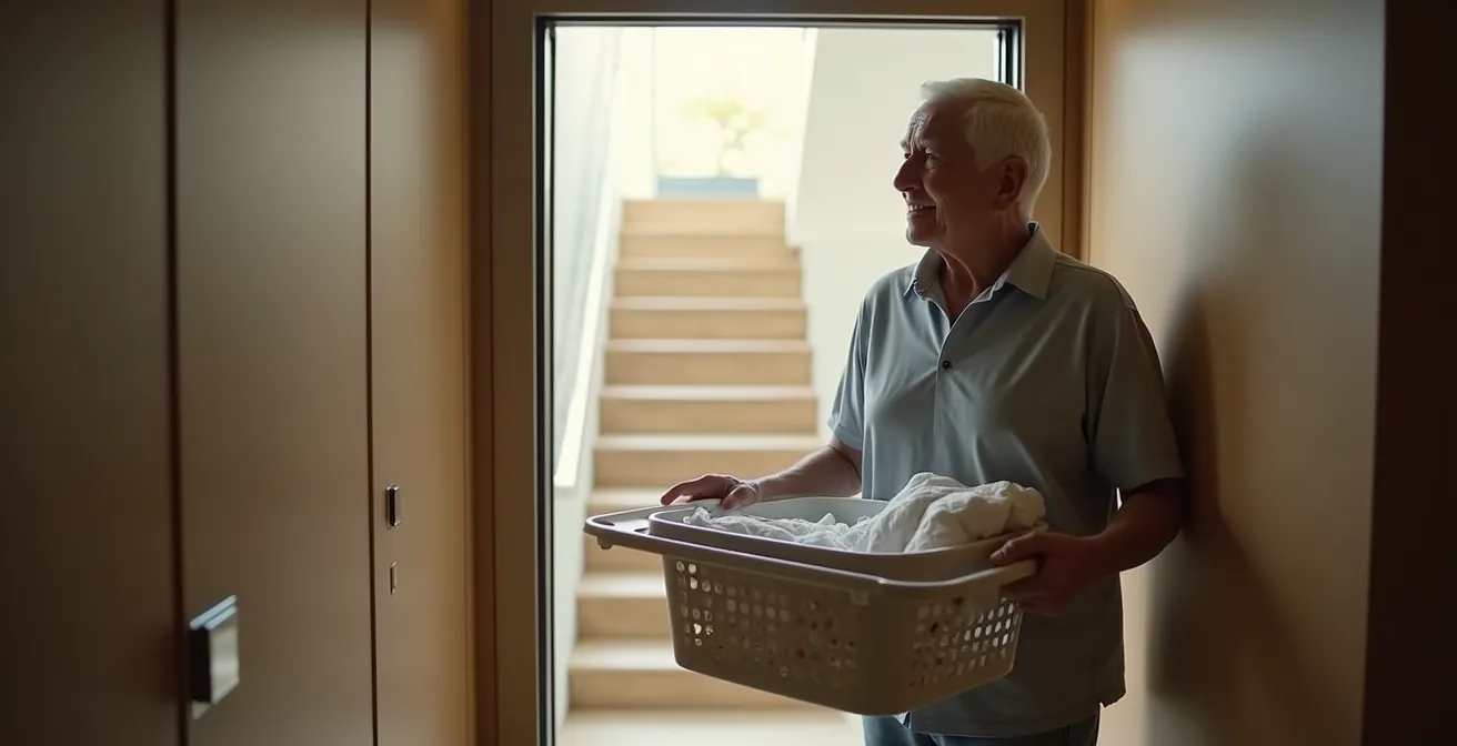 Un senior transportant facilement un plateau repas ou du linge dans un ascenseur privatif lumineux.