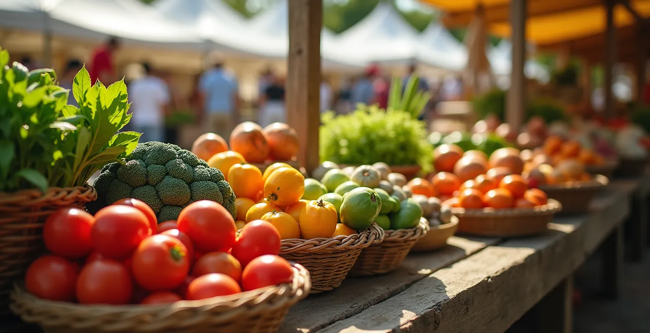 Vue détaillée d'étals de marché colorés avec produits frais locaux