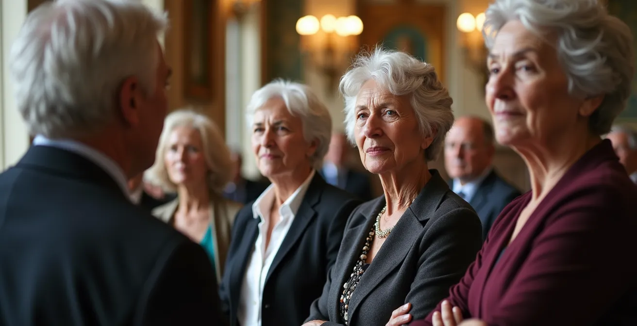 Groupe de seniors écoutant attentivement un guide dans une salle de musée historique