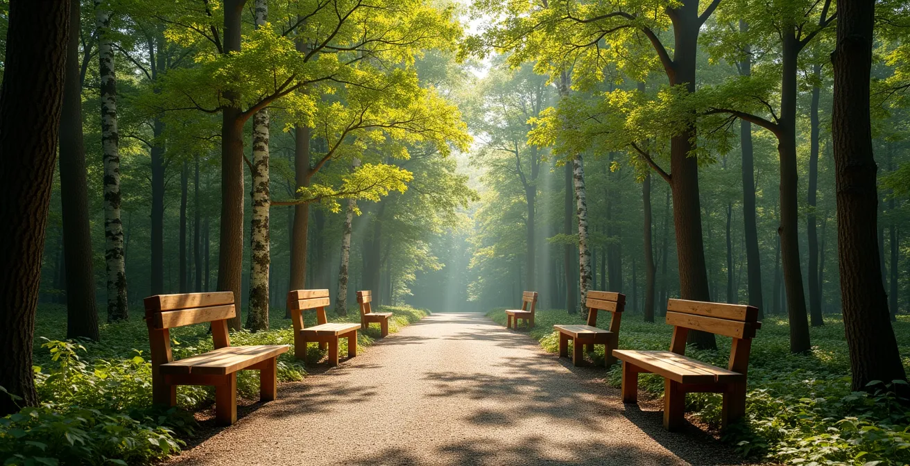 Sentier forestier aménagé avec bancs et rambardes en bois, baigné de lumière filtrée