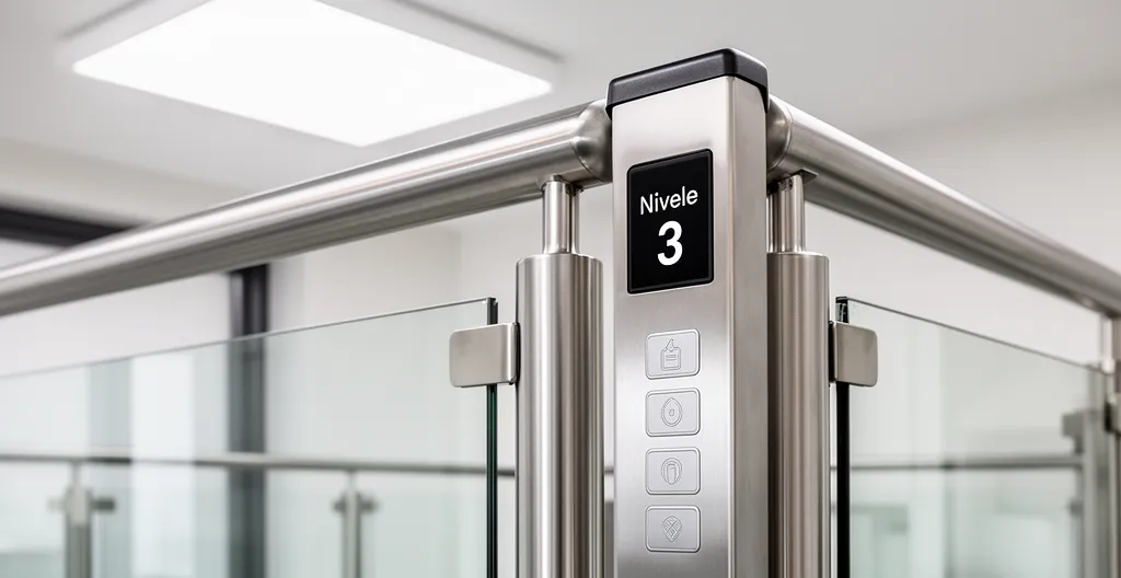 Détail du panneau de commande et des barrières de sécurité d'une plateforme élévatrice