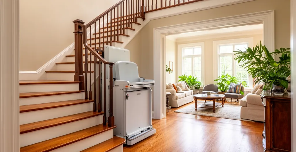 Intérieur chaleureux de maison avec escalier équipé d'une plateforme élévatrice discrète
