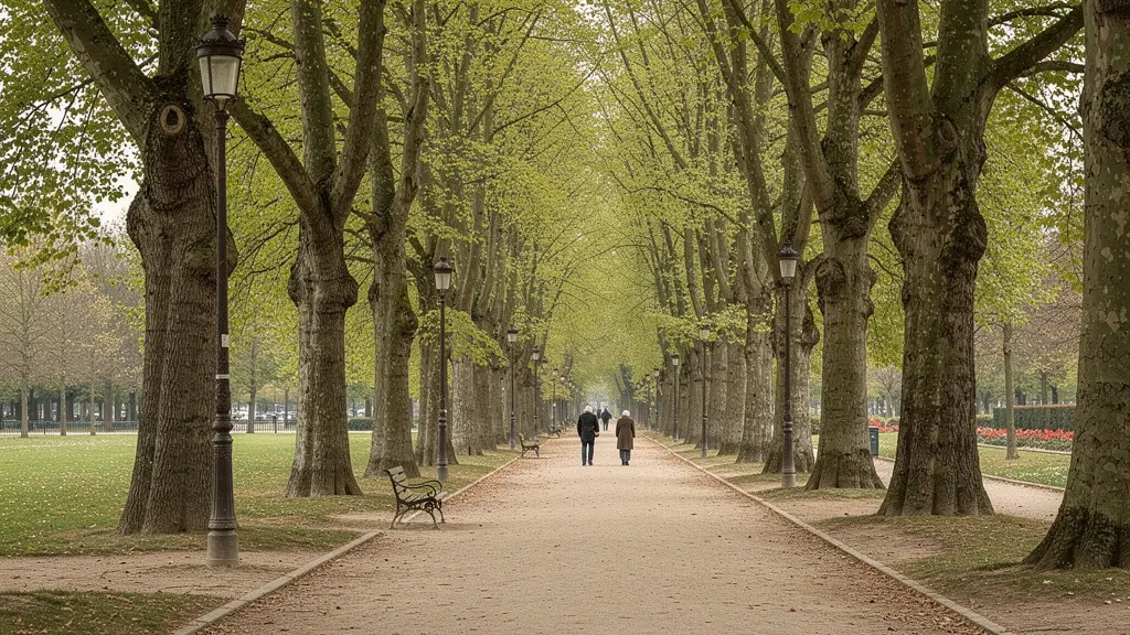 Allée arborée du Bois de Vincennes avec promeneurs seniors au loin