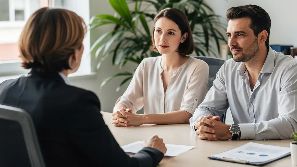Conseillère en entretien avec une famille dans un bureau lumineux