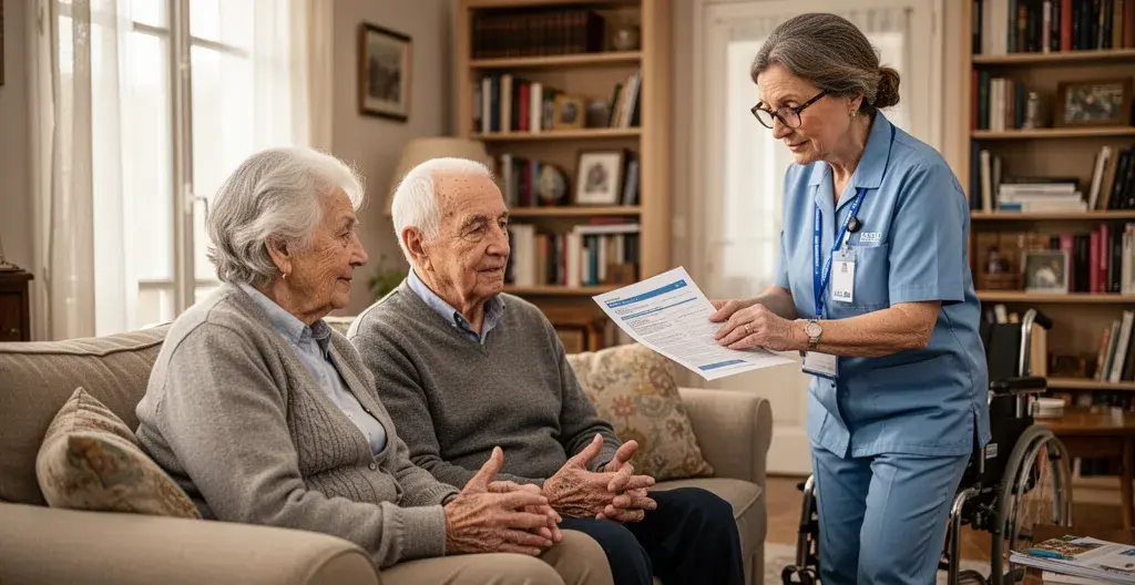 Couple senior discutant avec une conseillère accessibilité dans leur salon