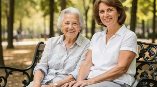 Senior souriante avec sa fille dans un parc parisien verdoyant