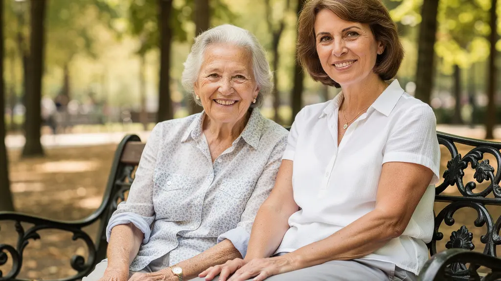 Senior souriante avec sa fille dans un parc parisien verdoyant