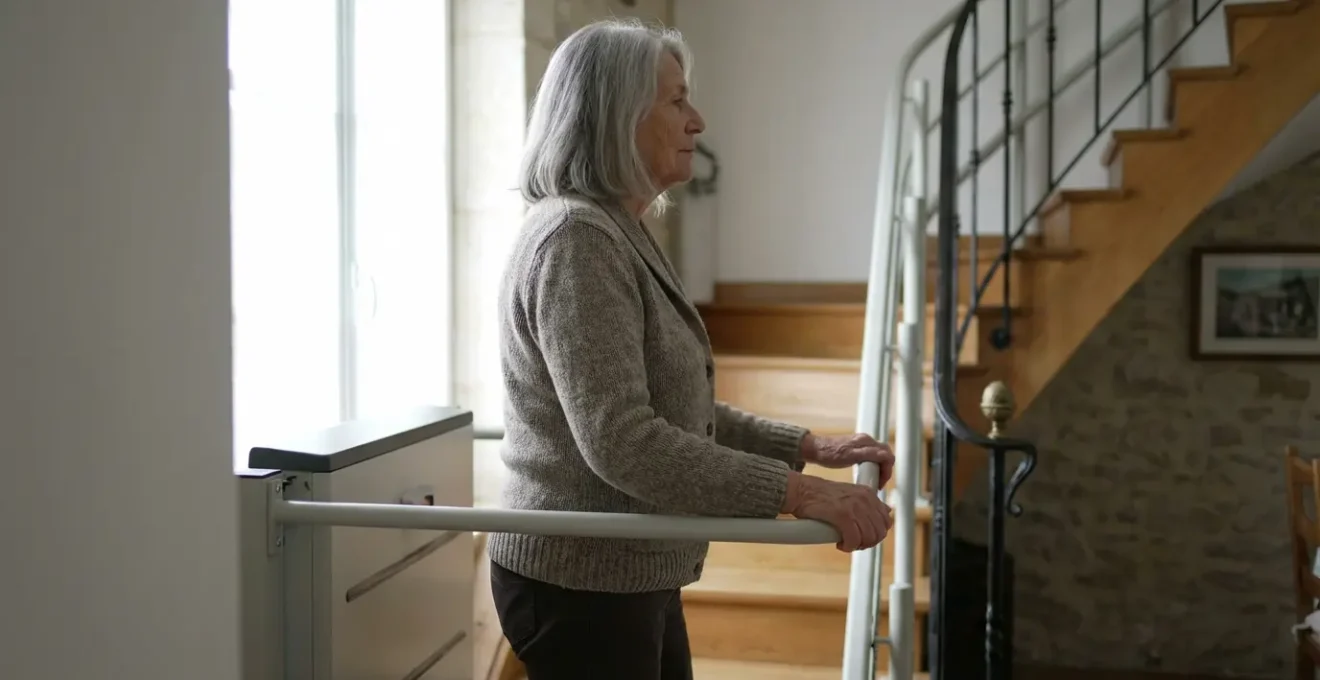 Personne âgée utilisant une plateforme élévatrice dans un intérieur résidentiel lumineux
