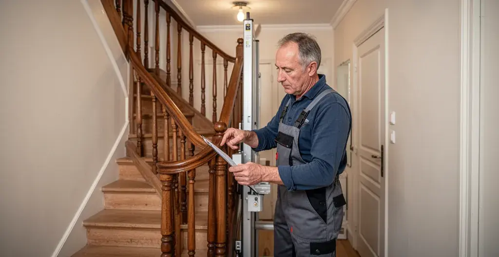 Technicien inspectant une cage d'escalier pour installation de plateforme élévatrice PMR